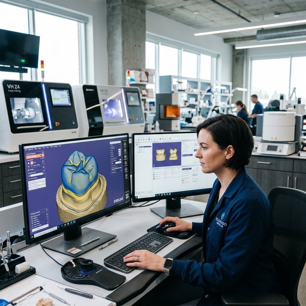 Lab technician designing monolithic zirconia crown using dental CAD software at Matt Lab